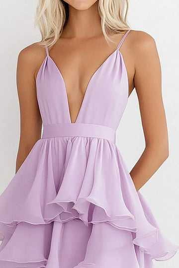 Lilas Spaghetti Straps Mousseline de soie Une robe formelle à plusieurs niveaux